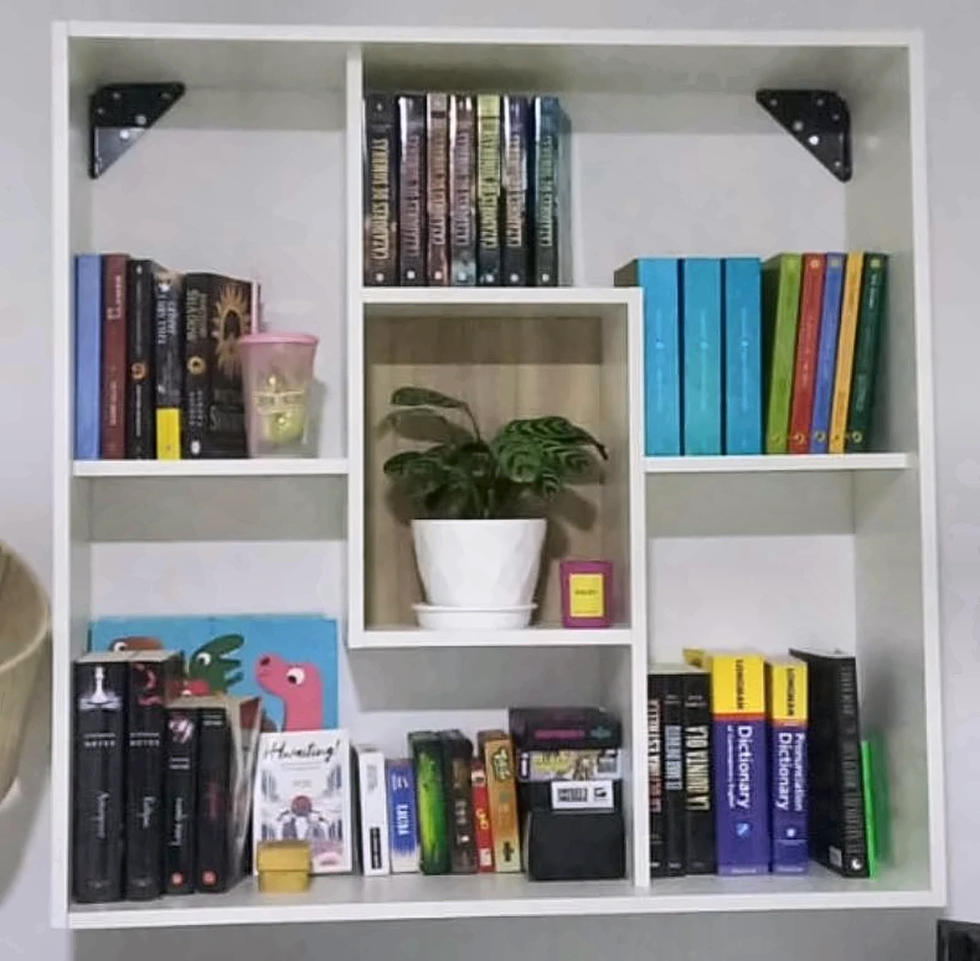 Foto de la biblioteca flotante terminada, instalada en la pared
