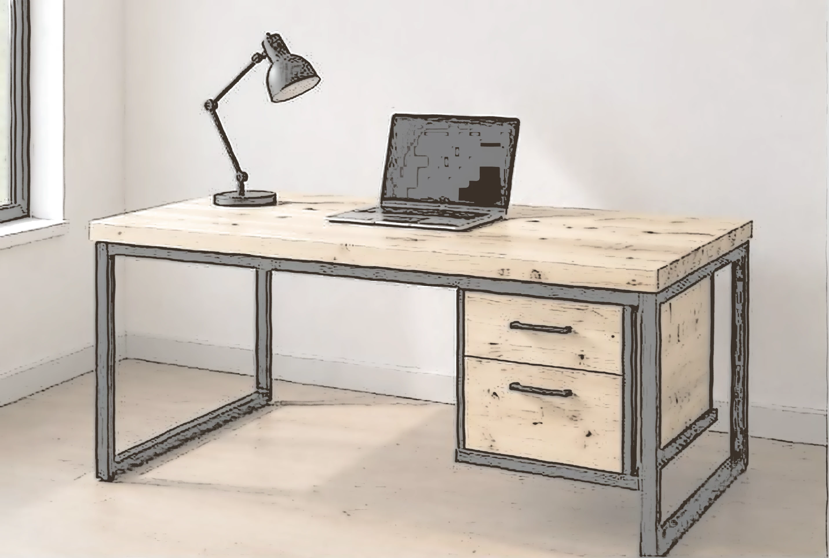 Boceto a lápiz: Escritorio de madera de pino con estructura de metal negro y cajonera lateral