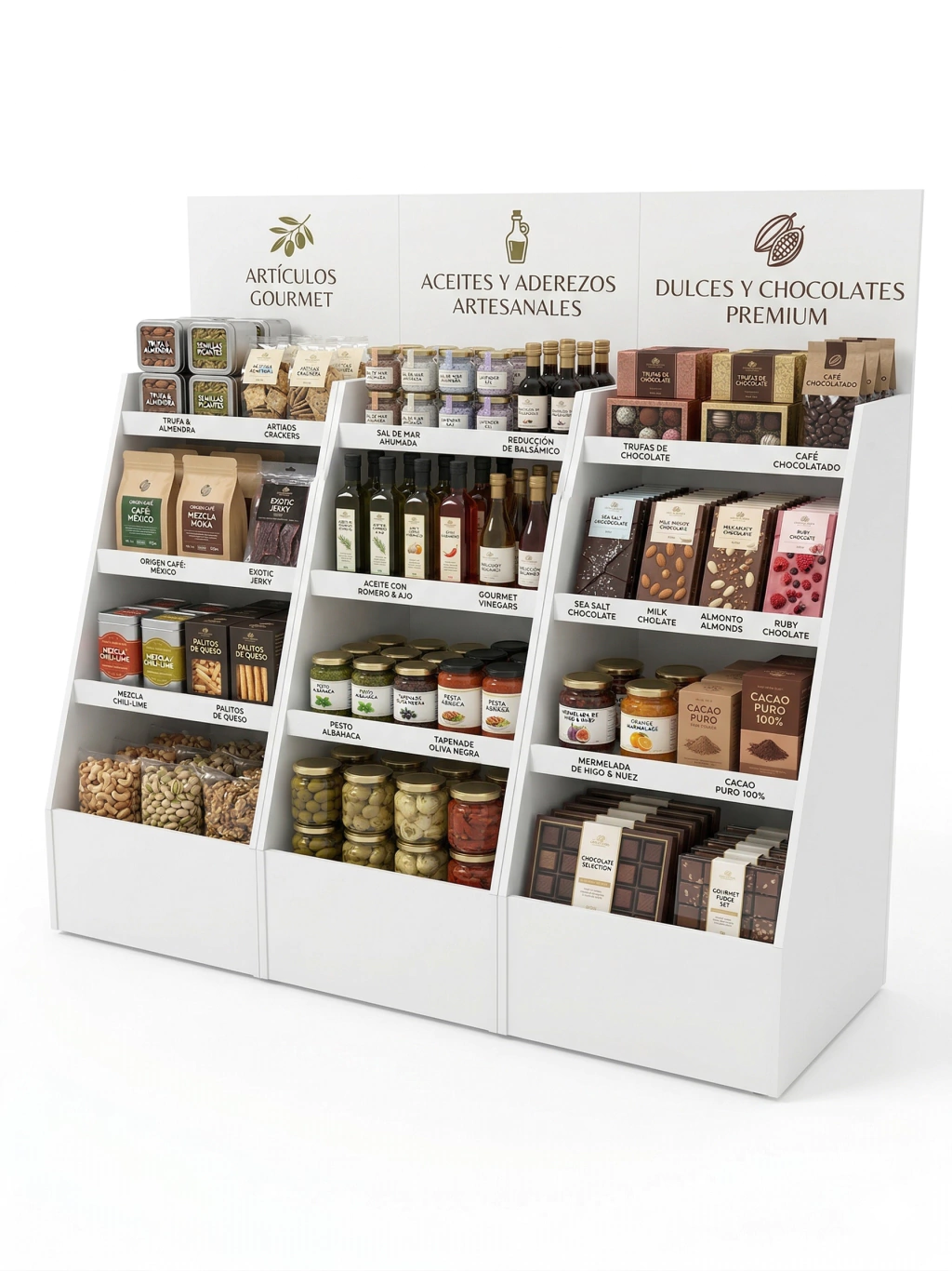 Exhibidor de productos escalonado de tres módulos