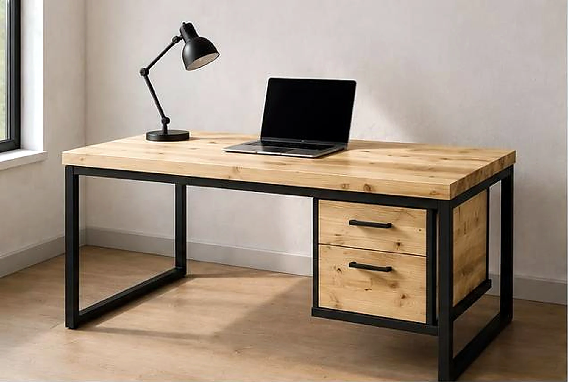 Escritorio de madera de pino con estructura de metal negro y cajonera lateral