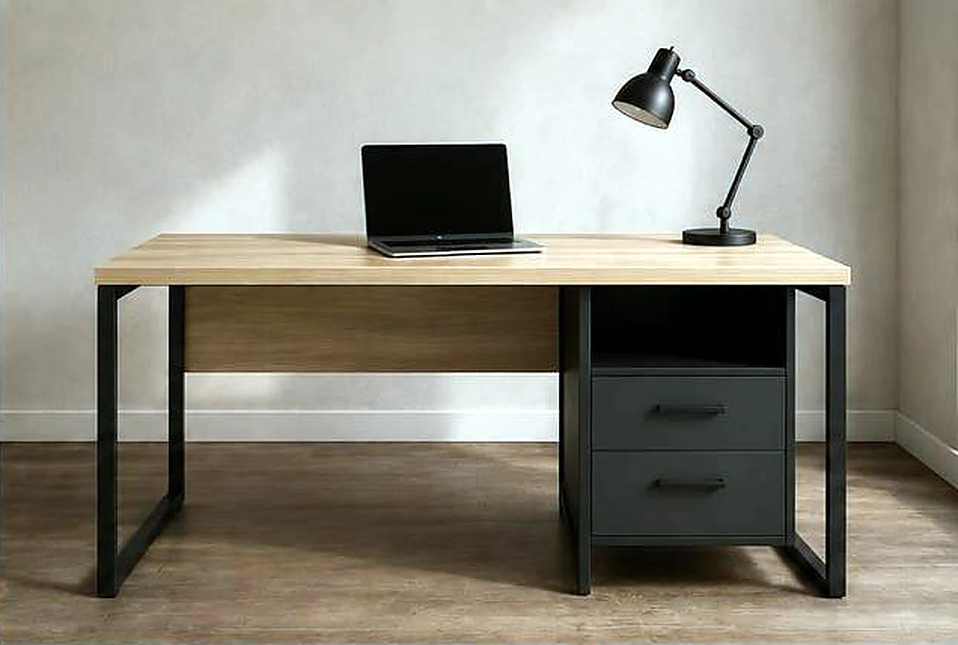 Escritorio con estructura de metal negro y cajonera lateral con dos cajones